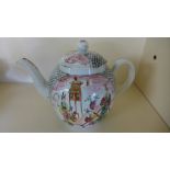 A late 18th century pearl ware chinoiserie decorated teapot - Height 15cm - chips to spout,