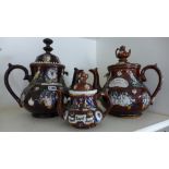 Three Bargeware teapots 35cm, 32cm and 18cm - largest has crack and chips to rim and chip to lid,