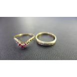 A 9ct gold diamond band ring - Size L - Together with a 9ct gold ruby chevron-shape ring - Size J -