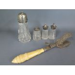 A silver top glass sifter and three glass cruet pieces with silver tops - one piece missing lid,