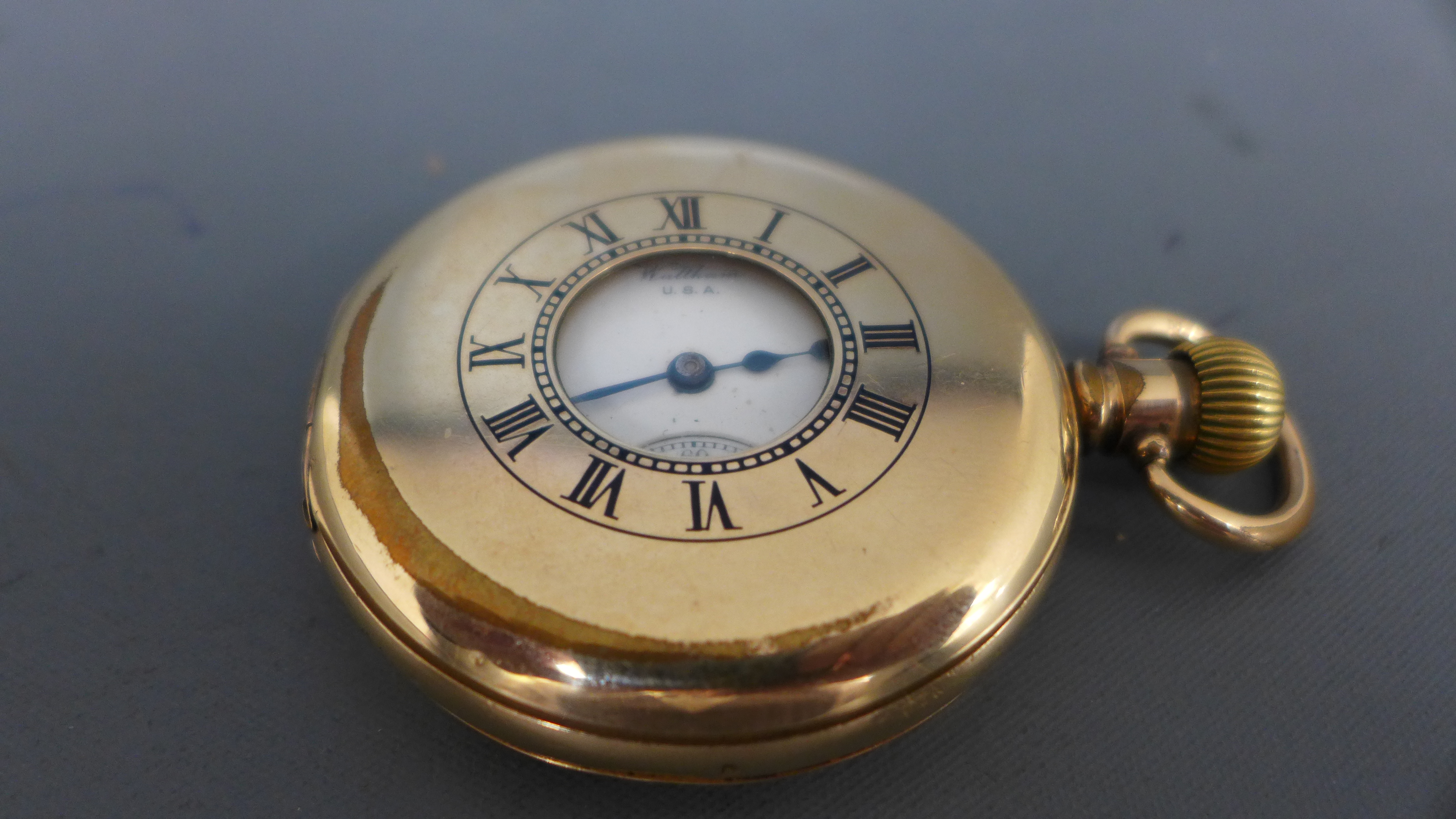 A gold plated Half Hunter pocket watch by Waltham,