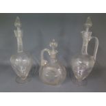 Three etched glass decanters - all good condition