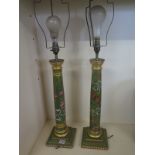 A pair of 20th century rise and ribbon decorated table lamps - body 49cm tall - need