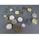 A collection of 9 assorted watches and a compass with chains and keys - all needing attention