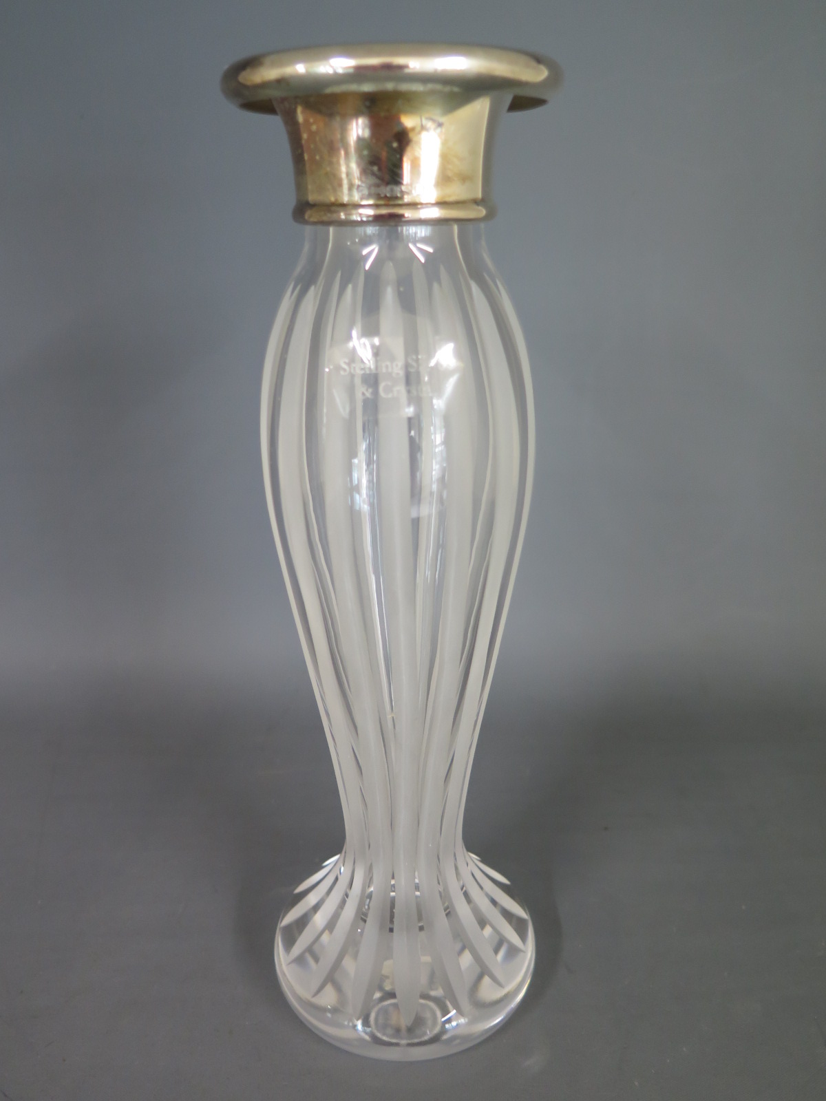 A Carrs silver necked crystal glass vase/candlestick - Height 25.