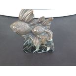 An Art Deco bronze paperweight depicting three fish on a marble base - Height - 13cms.