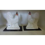 A pair of Staffordshire cockerels on wooden bases - Height 32cm Provenance: Sherford House,