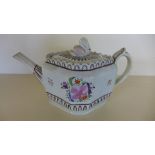 A Georgian floral decorated teapot of lozenge octagonal form shape with swan top cover,