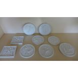 A set of nine Bing and Grondahl Eneret bisque porcelain plaques with classical scenes - Diameter