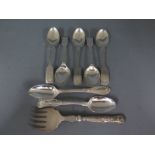 Five fiddle back teaspoons with engraved finish, crossed rifles engraved to tops,