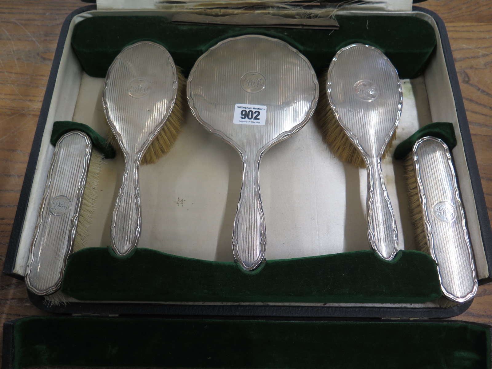 A Walker and Hall six piece silver backed dressing table set in original box generally good some - Image 2 of 2