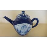 An 18th century Chinoiserie blue and white teapot with six character mark possibly bow - Height