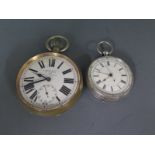 A large pocket watch, Roman numerals to white enamel dial with subsidiary second hand at 6 o'clock,