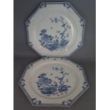 Two 19th century Chinese blue and white octagonal porcelain plates 38cm and 35cm wide - damage to