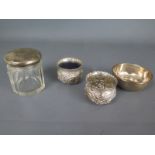 A pair of silver salts, a dish and a silver top bottle - approx silver weight 3.