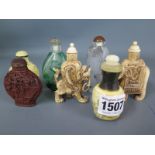 Seven Chinese snuff bottles and stoppers - good condition