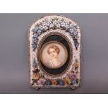A micro mosaic frame with miniature portrait of a lady - 9cm x 6.