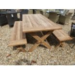 A Bramblecrest teak table with two benches - 180cm x 90cm