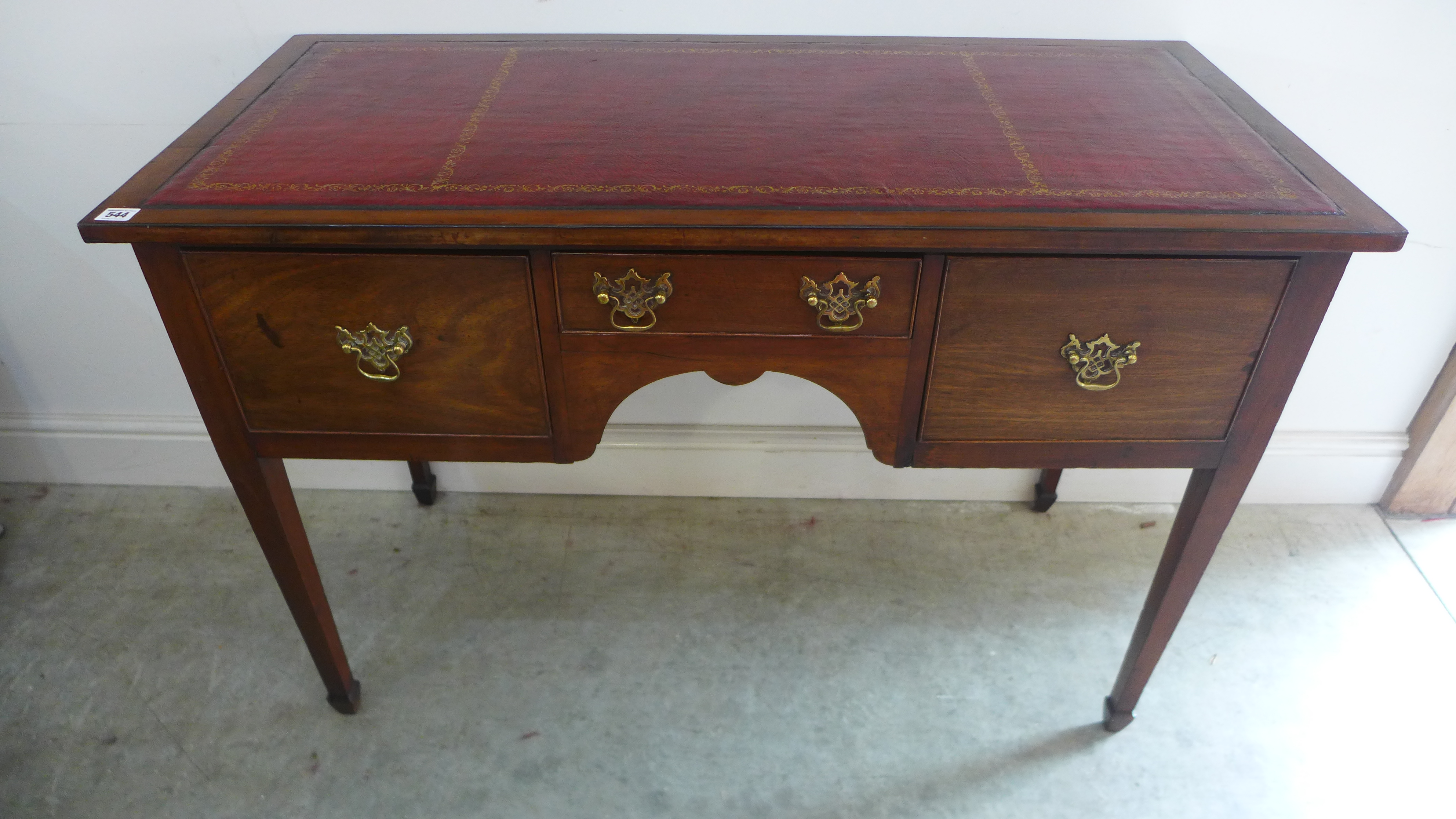 An Edwardian mahogany leather top side table desk with three drawers - Height 79cm x Width 113cm x