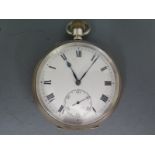 A silver cased open face pocket watch, white enamel dial with Roman numerals to chapter ring,