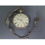 An open faced silver cased small pocket watch with Roman numerals to white enamelled dial,