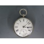 A silver cased open faced pocket watch, white enamel dial with Roman numerals to chapter ring,