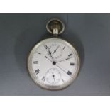 A silver cased open faced pocket watch with stopwatch,