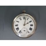 A silver cased open faced pocket watch, white enamel dial with bold Roman numerals to chapter ring,