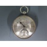 A silver cased open face pocket watch silvered dial with Roman numerals to chapter ring,