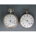 Two small open faced pocket watches both with white enamel dials, Roman numerals to chapter rings,