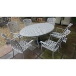 A Bramblecrest Roma stone table and 6 chairs - damage to one chair and the undertier table base
