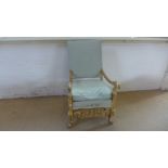 A 19th century Continental gilt framed square back ope armchair with carved lower frieze on scroll