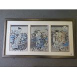 A series of three Japanese woodblock prints depicting Geishas each measuring 35cm x 24cm - in a