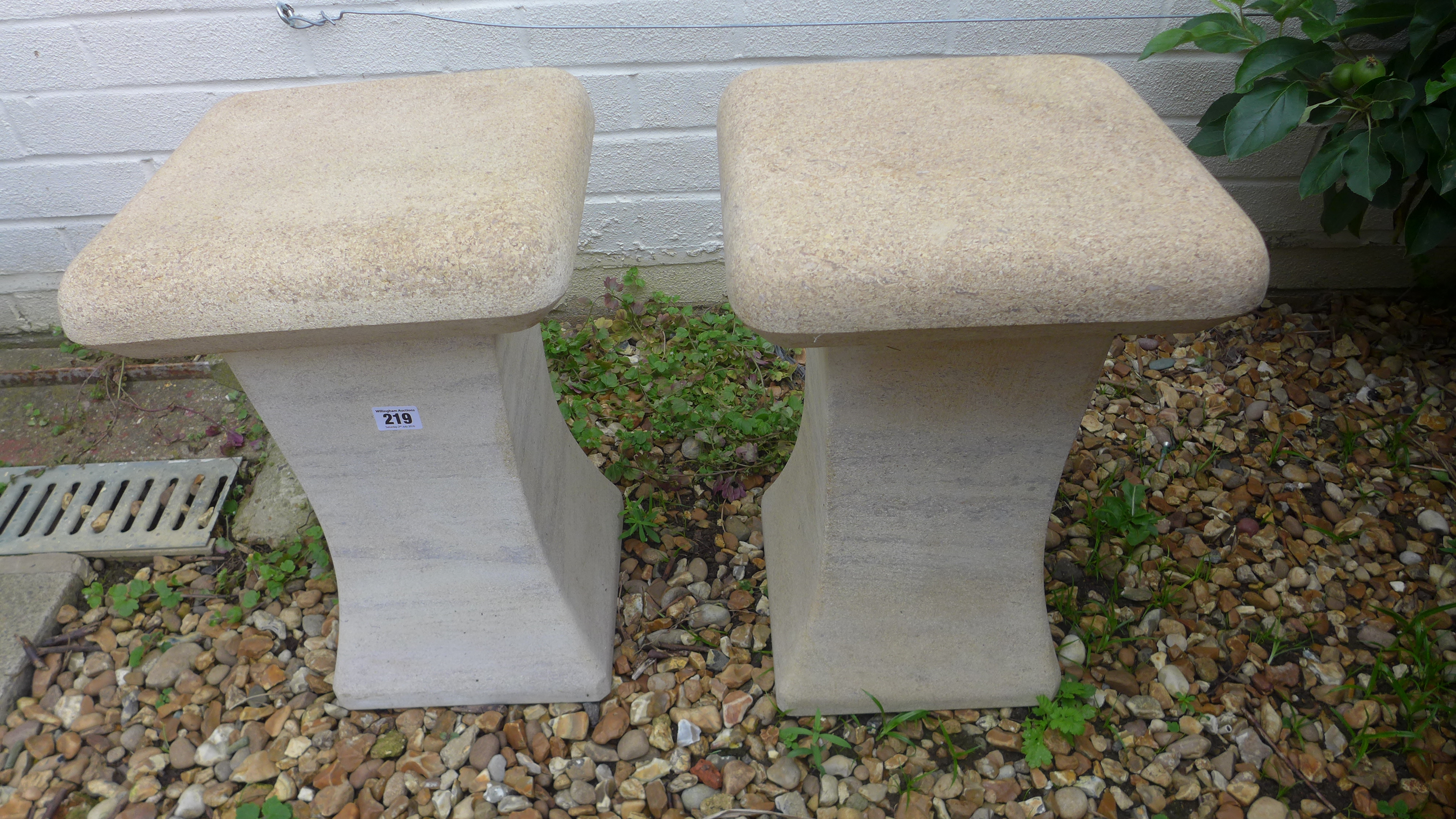 A pair of limestone garden stools - Height 46cm x 30cm x 30cm