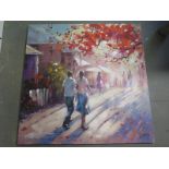 A large acrylic on canvas of a street scene - 100cm x 100cm - in good condition,