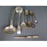 A small quantity of hallmarked silver flatware including a toddy ladle, a fiddle back ladle,