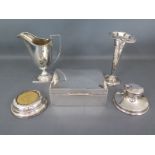 Five silver hallmarked items including trumpet vase, cigarette box, inkwell,