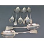 Six silver hallmarked dessert spoons and two fiddle back serving spoons approx weight 11 troy oz,