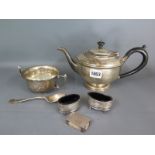 A silver teapot Birmingham 1932/33 - repair to top - a silver twin handled bowl, two silver salts,