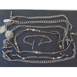 Eight silver watch chains, two with medallion, all with T-Bars - Weight approx.