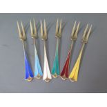 A set of six silver enamel David Anderson Norwegian forks in an associated box - condition good