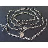 Four silver watch chains, one with medallion and T-bar, other three with T-bars - Weight approx.