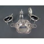 A silver three piece cruet set and a twin handled sweet meat dish - total weight approx 6.