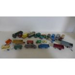 A collection of 21 diecast vehicles including Dinky and Lesney - all play worn