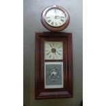 A mahogany cased American wall clock with glass panel with early railway scene by JC Brown