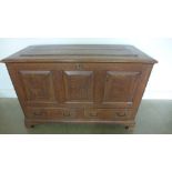 A Georgian oak mule chest with panelled front and side and two drawers on shaped bracket feet -