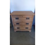 A satin walnut three drawer chest - Height 83cm x 84cm x 51cm