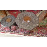 Two carved Indian side tables with brass inlay - Height 40cm and 30cm