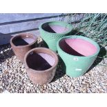 Two green glaze pots - Height 34cm and two brown glaze pots - Height 29cm