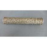 A richly decorated silver prayer holder of cylinder form with a French cross motif - Length 17cm -